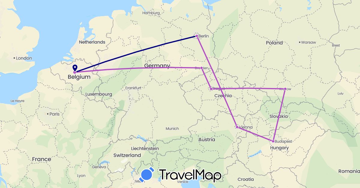 TravelMap itinerary: driving, train in Austria, Belgium, Czech Republic, Germany, Hungary, Poland (Europe)